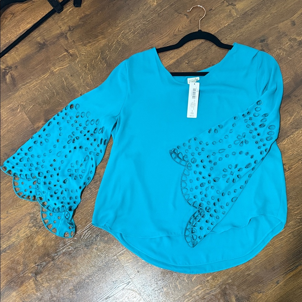 Chico's Teal Blouse with Eyelet Bell Sleeves